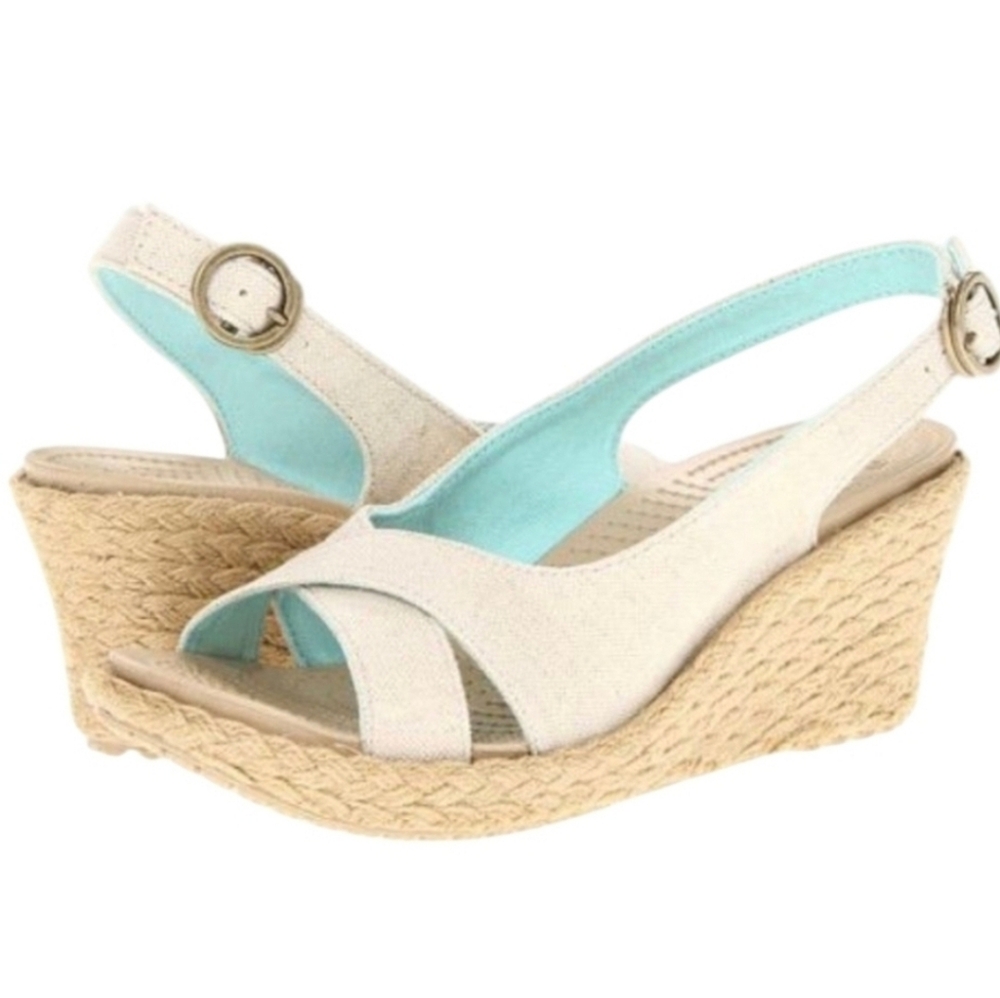 CROCS Two-Tone Cream & Light Blue Espadrille Wedge Sandals